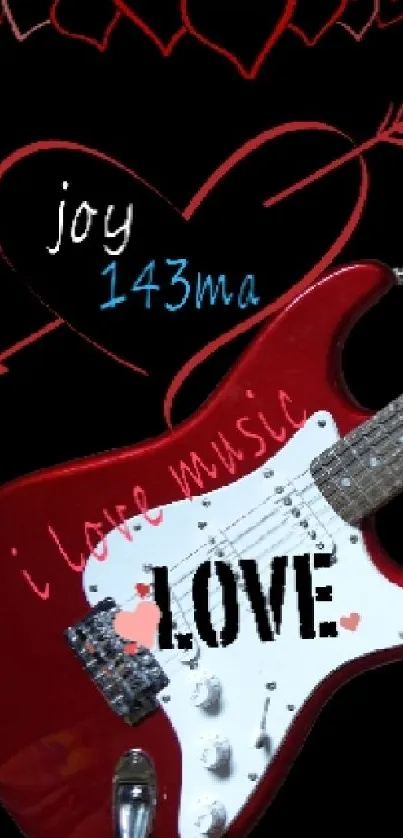 Red electric guitar with love-themed design on a black background.