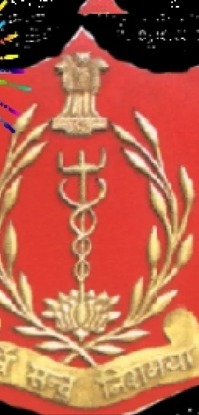 Red emblem with heart and symbols on a mobile wallpaper.