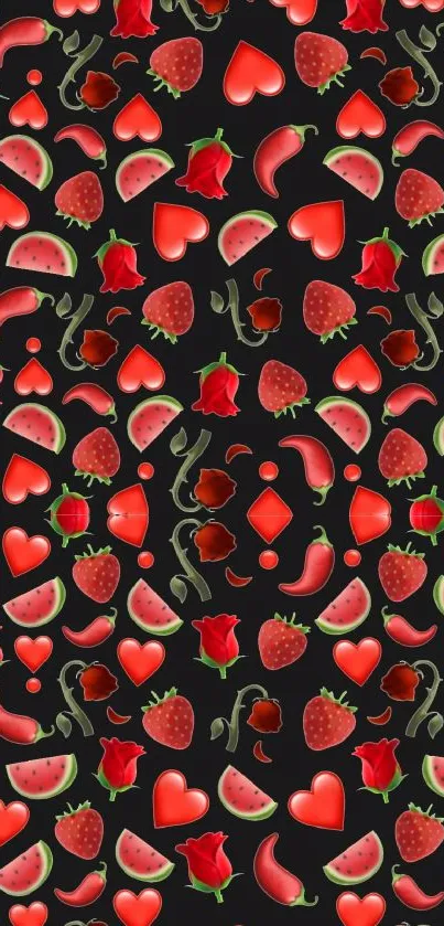 Red emoji pattern with hearts, roses, and strawberries on dark background.