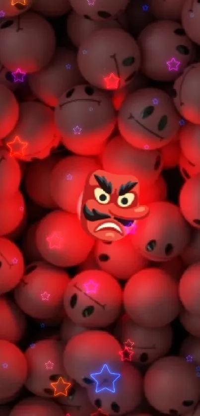 Close-up of red emoticons with varied expressions on a dark background.