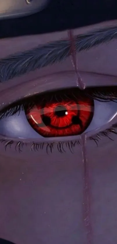 A dramatic anime screenshot featuring a red eye close-up, perfect for wallpaper use.