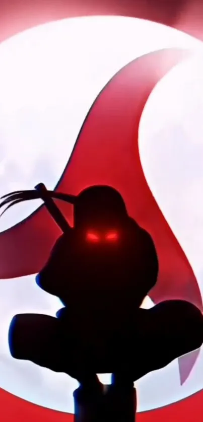 Silhouette of a ninja with red eyes beside a glowing moon.