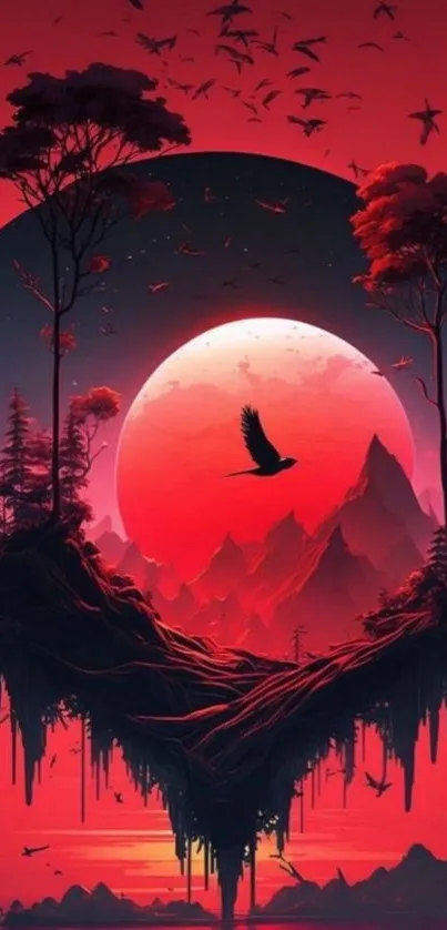 Red fantasy landscape with floating island and glowing moon.