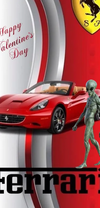 Red Ferrari with Valentine greetings and an alien figure on mobile wallpaper.