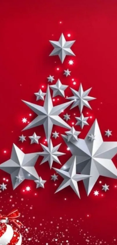 Festive wallpaper with silver stars on a bright red background.