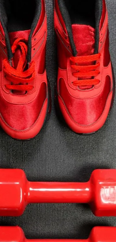 Red sneakers and dumbbells on a dark background.