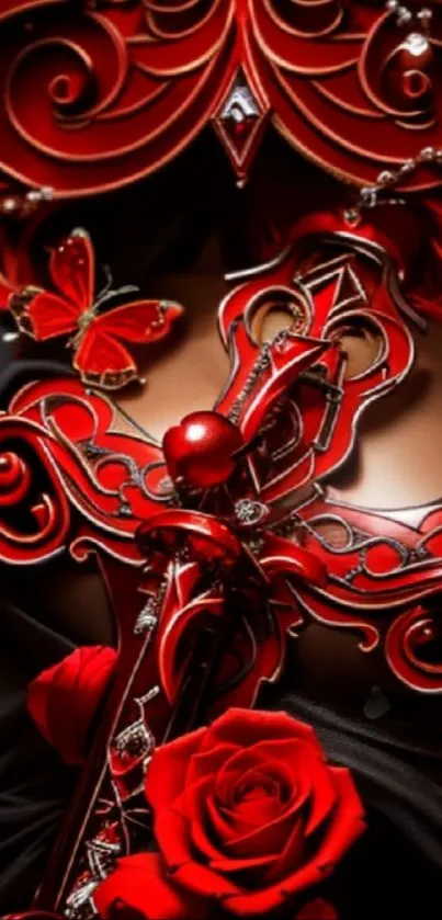Elegantly designed red and black floral wallpaper with intricate patterns.