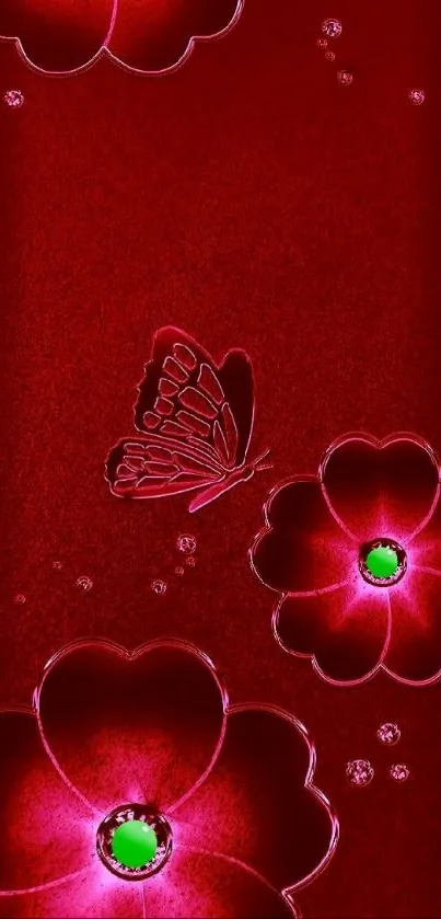 Red wallpaper with floral and butterfly design.