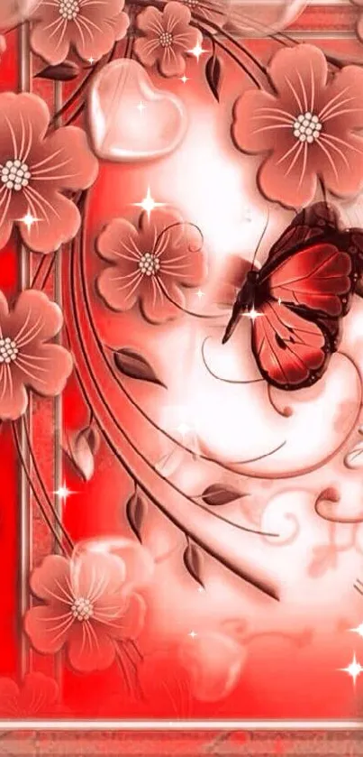 Red butterfly and floral design wallpaper.