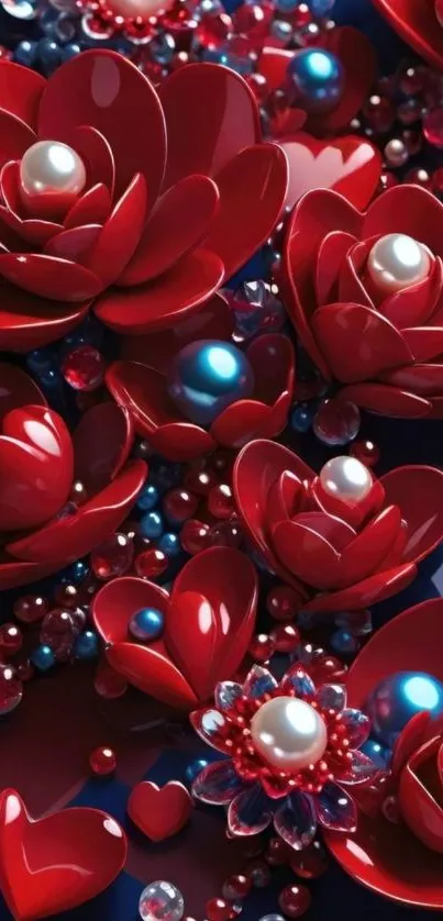 Luxurious red flowers with pearls and jewels for mobile wallpaper.