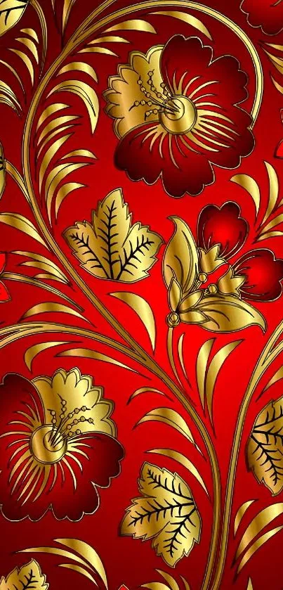 Elegant red and gold floral wallpaper design.