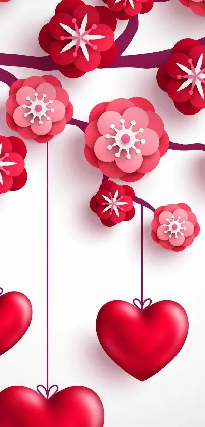 Red floral and heart design wallpaper with decorative flowers.