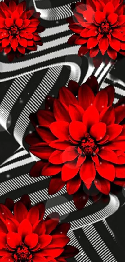 Red flowers with abstract black and white background wallpaper.