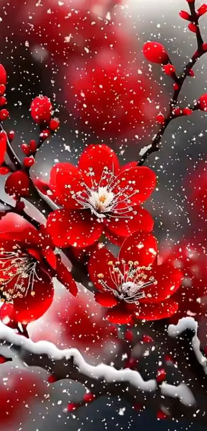 Red flowers with snow on branches.