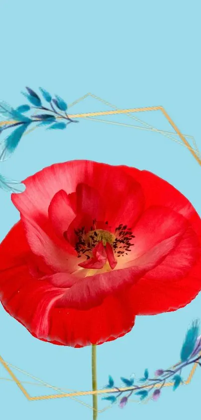 Red flower with geometric accents on blue background.