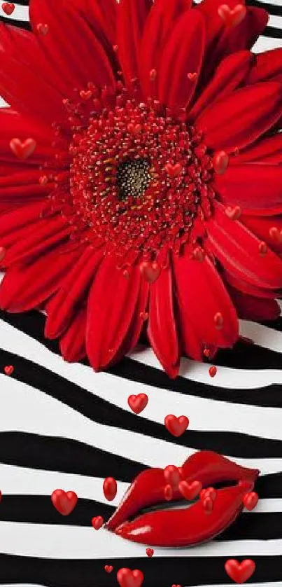 Red flower and lips on zebra stripes background for mobile wallpaper.