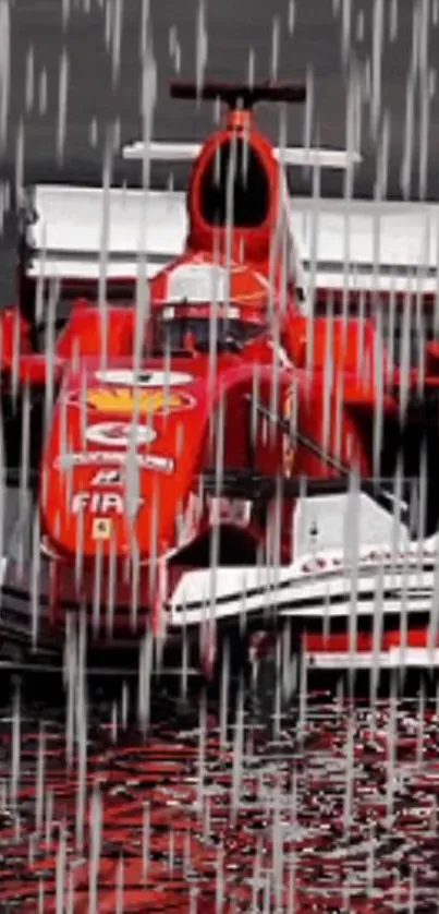 Red Formula 1 car racing through rain on a wet track wallpaper.