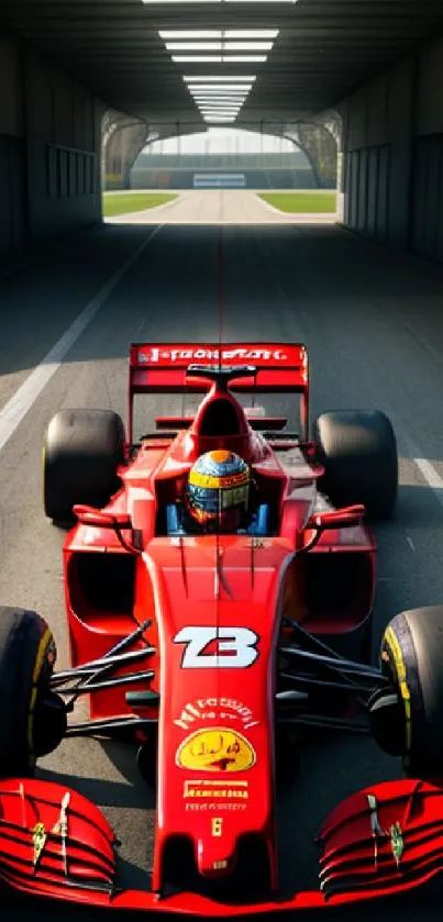 Vibrant red Formula One car on racing track, perfect for motorsport enthusiasts.