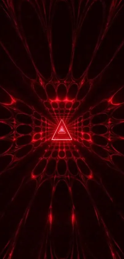 Red fractal design with central glowing triangle on a dark background.