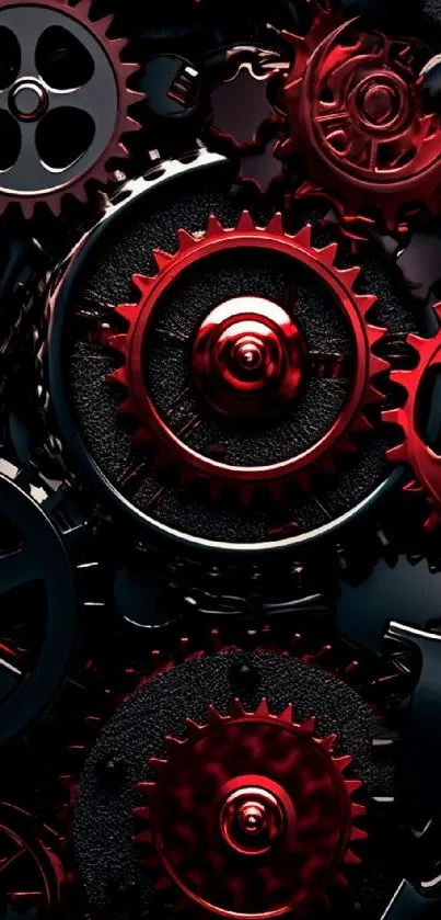 Dynamic red gear mechanisms on a dark background.