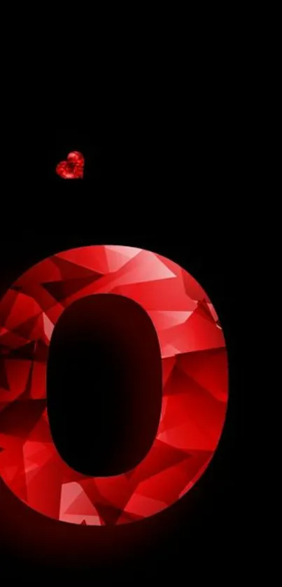 Mobile wallpaper with red gem letter O and small hearts on black background.