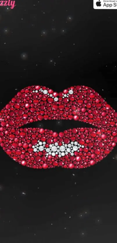 Mobile wallpaper with red gemstone lips on black background.