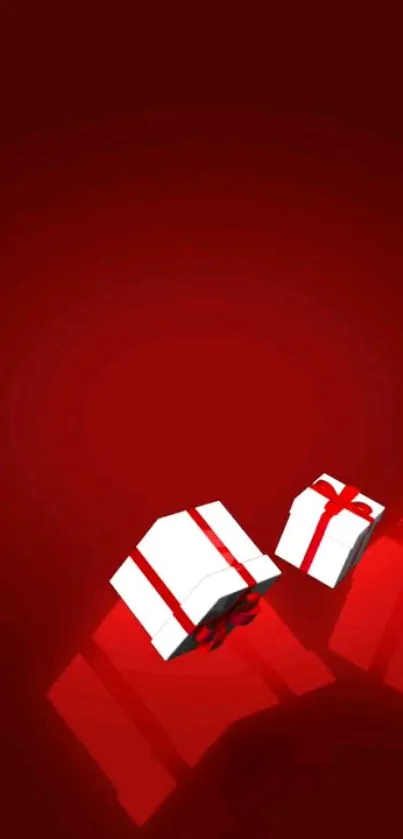 Mobile wallpaper with white gift boxes on a rich red background.