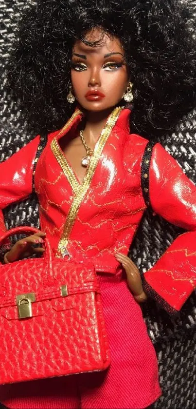 Stylish doll in vibrant red attire with intricate details and chic accessories.