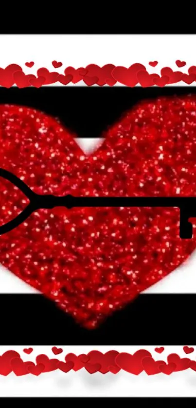 Mobile wallpaper featuring a red glitter heart with a black key design.