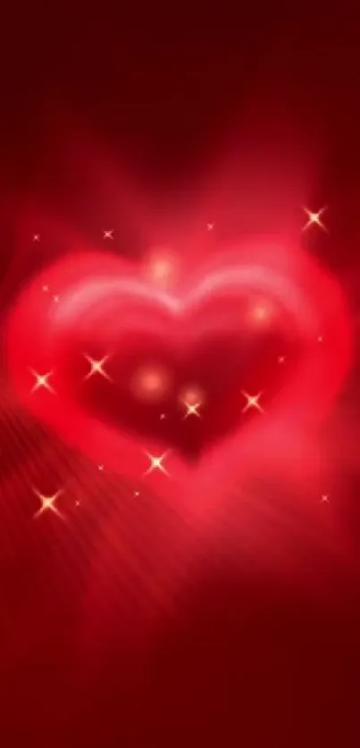 Vibrant red heart glowing against dark red background with stars