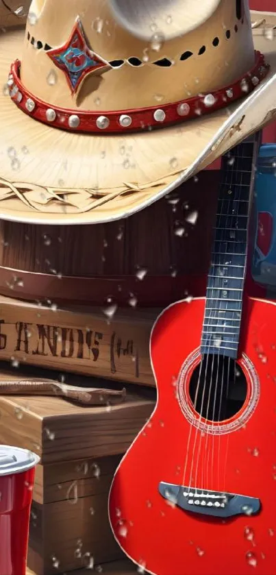 Red guitar and cowboy hat with vivid colors on wallpaper.