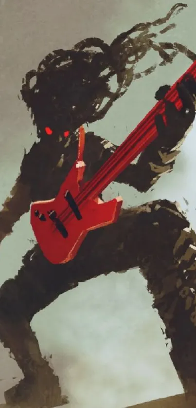 Silhouette of guitarist with red guitar in dynamic pose.