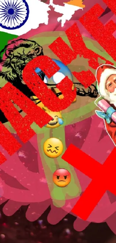 Bold red hacked-themed wallpaper with cherries and artistic elements.