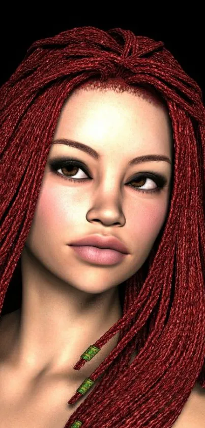 Fantasy character with red braided hair on black background.