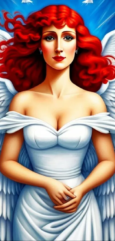 Red-haired angel with wings, blue sky background.