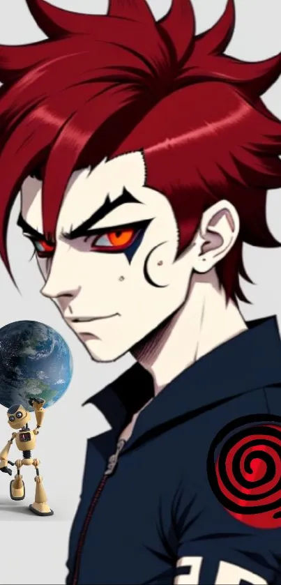 Dynamic anime character with red hair and a small robot next to Earth.