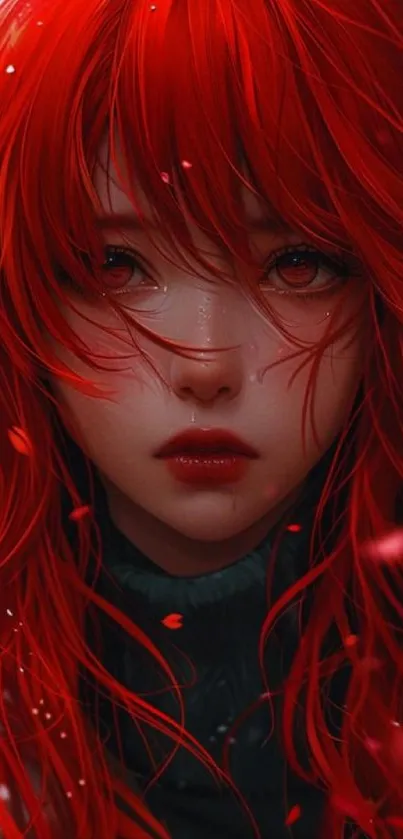 Anime girl with striking red hair in a mobile phone wallpaper.