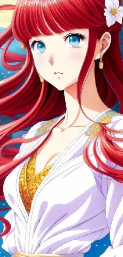 Anime girl with red hair and moonlit backdrop.