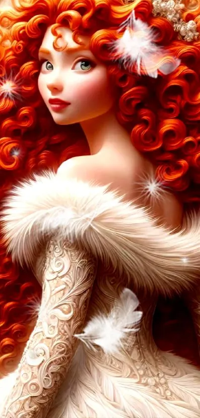 Fantasy princess with red hair in an elegant gown, adorned with feathers.