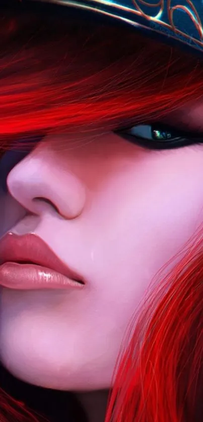 Mysterious woman with red hair in vivid digital artwork.