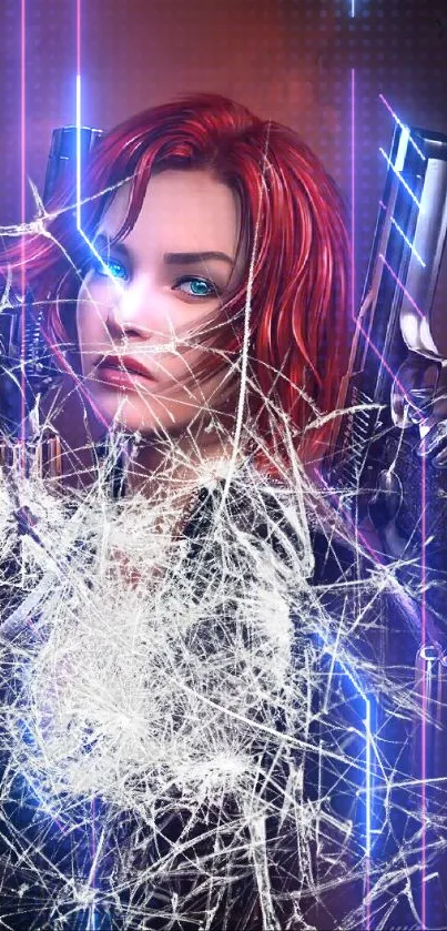 Digital artwork of a red-haired warrior holding guns with a fierce expression.