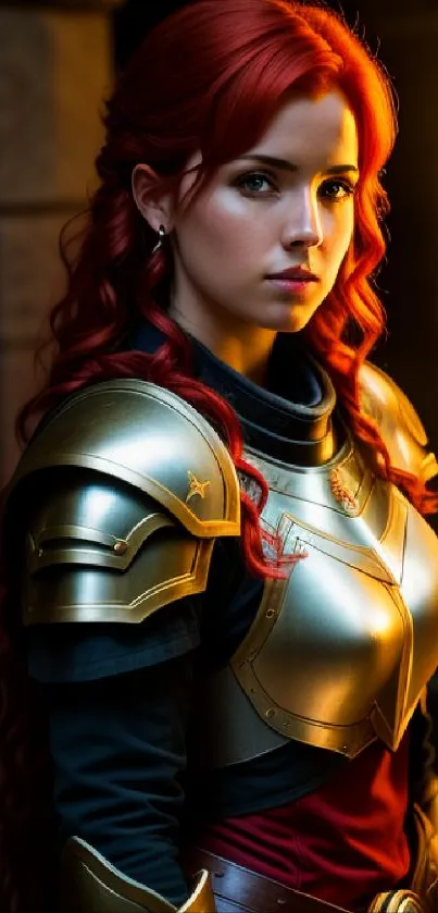 Red-haired warrior in golden armor with medieval background.