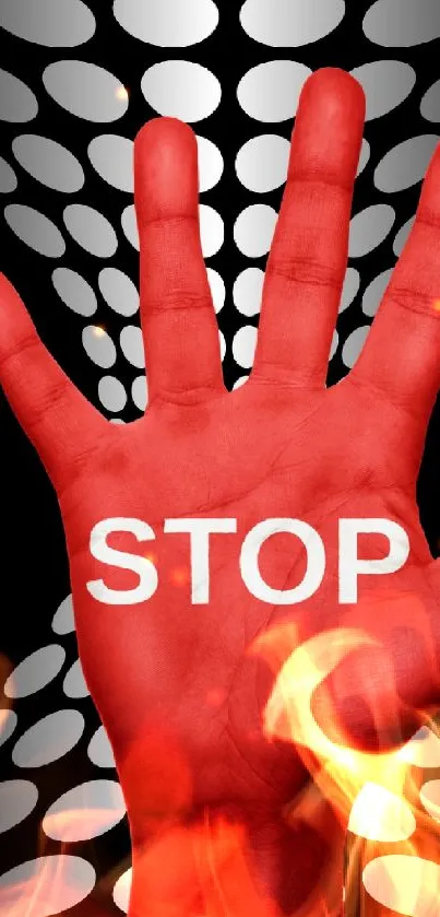 Red hand stop sign with bold pattern, black and white background.