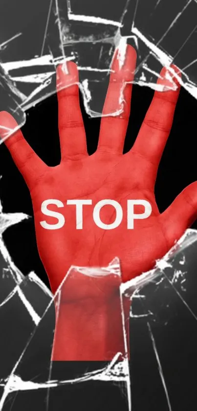 Red hand with 'STOP' text on shattered glass background.