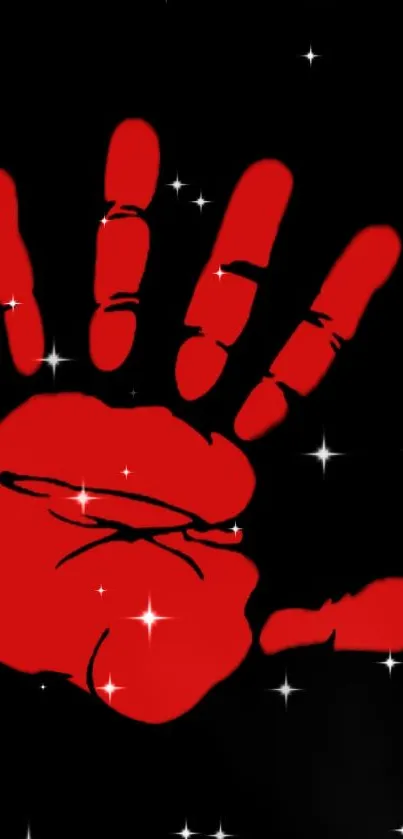 Red handprint with stars on black background wallpaper.