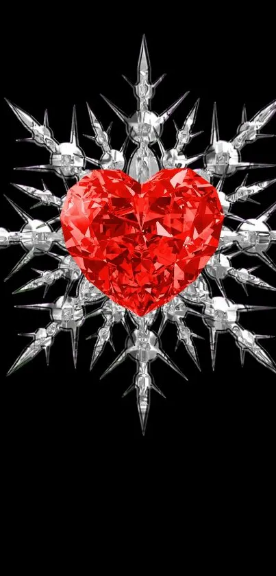 Red heart with crystal snowflake on black background.