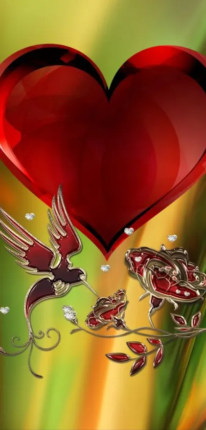 Red heart and hummingbird with roses on a vibrant gradient wallpaper.