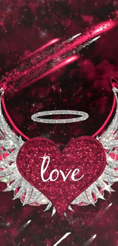 Red heart with angel wings and halo on dark background.