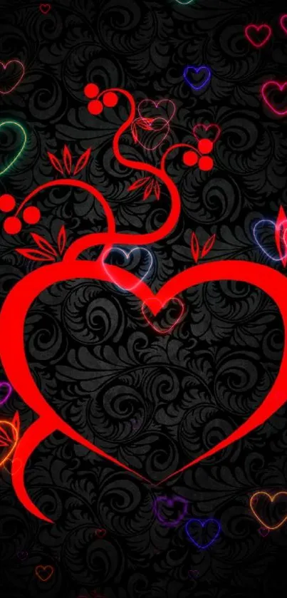 Artistic red heart on black floral background wallpaper.