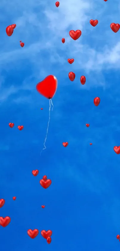 Heart-shaped balloons floating in a blue sky with clouds.